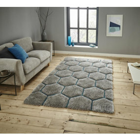 Geometric Grey/Blue Modern Shaggy Handmade Easy To Clean Rug For Dining Room Bedroom & Living Room-120cm X 170cm