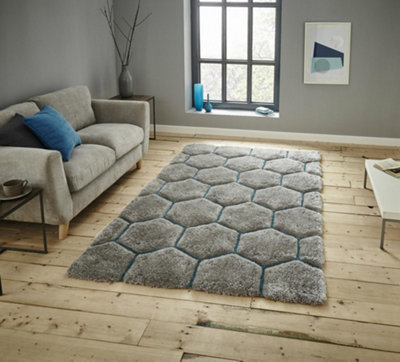 Geometric Grey/Blue Modern Shaggy Handmade Easy To Clean Rug For Dining Room Bedroom & Living Room-180cm X 270cm