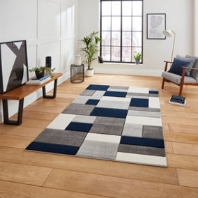 Geometric Grey Navy Modern Easy To Clean Rug For Dining Room-120cm X 170cm