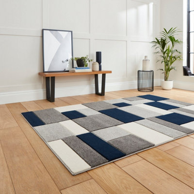Geometric Grey Navy Modern Easy To Clean Rug For Dining Room-80cm X 150cm