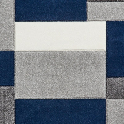 Geometric Grey Navy Modern Easy To Clean Rug For Dining Room-80cm X 150cm