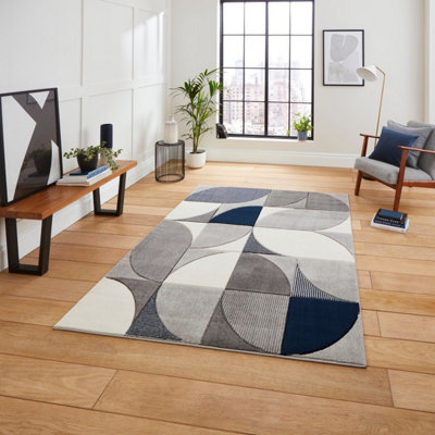 Geometric Modern Grey Navy Rug-80cm X 150cm