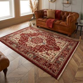 Geometric Persian Wool Easy to Clean Red Traditional Bordered Rug for Living Room & Bedroom-120cm X 180cm