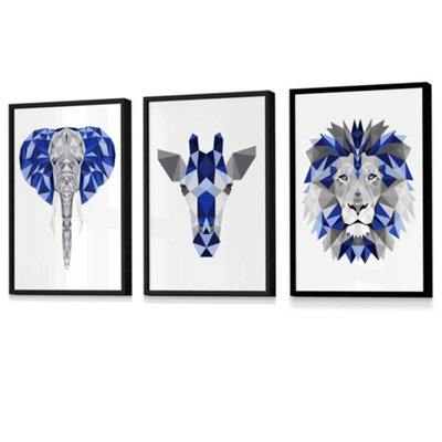 GEOMETRIC set of 3 Navy Blue & Grey Art Prints Jungle Heads Giraffe Lion Elephant / 42x59cm (A2) / Black Frame