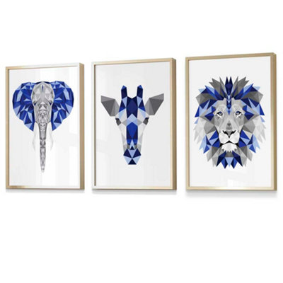 GEOMETRIC set of 3 Navy Blue & Grey Art Prints Jungle Heads Giraffe Lion Elephant / 42x59cm (A2) / Black Frame