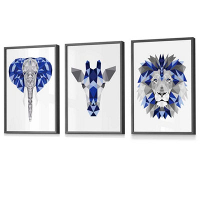 GEOMETRIC set of 3 Navy Blue & Grey Art Prints Jungle Heads Giraffe Lion Elephant / 42x59cm (A2) / Dark Grey Frame
