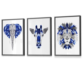 GEOMETRIC set of 3 Navy Blue & Grey Art Prints Jungle Heads Giraffe Lion Elephant / 42x59cm (A2) / Dark Grey Frame