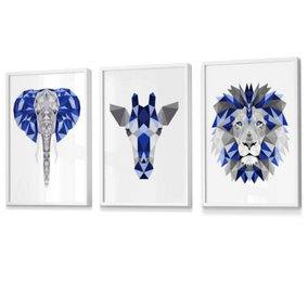 GEOMETRIC set of 3 Navy Blue & Grey Art Prints Jungle Heads Giraffe Lion Elephant / 42x59cm (A2) / White Frame