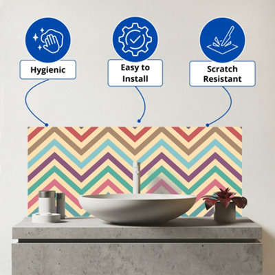 Geometric Vintage Colored Chevron Pattern Glass Bathroom Splashback