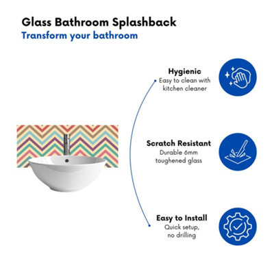 Geometric Vintage Colored Chevron Pattern Glass Bathroom Splashback