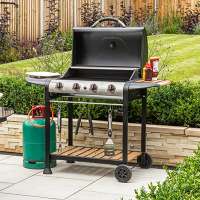 George Foreman Gas BBQ 4 Burner Black and Wood Effect Barbecue GFGBBQ4BW - 6