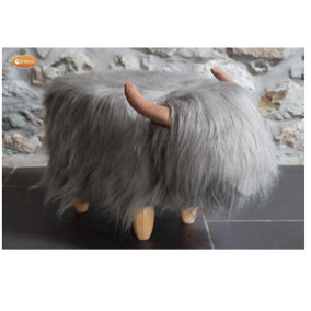 Georgette The Grey Highland Cow Footstool, Synthetic Fur, Wooden Legs. H36 cm - Great Christmas Gift Idea