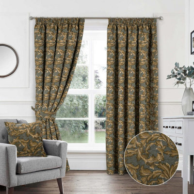 Georgia Chenille Lined Pencil Pleat Curtains - Floral Design Curtains for Bedroom or Living Room - 114 x 137cm, Gold