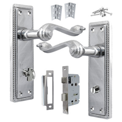 Georgian Door Handle Chrome, Bathroom WC Toilet Handles, Mortice Lock Hinges Set