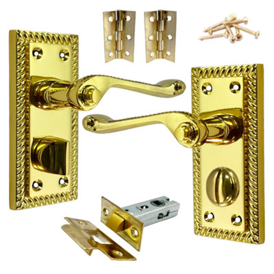 Georgian Door Handles Privacy WC Bathroom Pack Brass 108mm x 48mm Scroll Lever