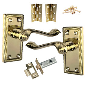 Georgian Handle Latch Door Handles Brass, Pair of 3" Hinges & Latches Pack Sets