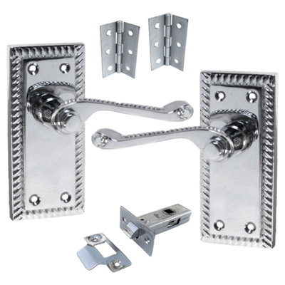 Georgian Handle Latch Door Handles Chrome, Pair of 3" Hinges & Latches Pack Sets