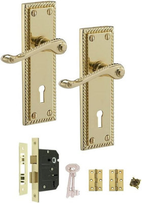 Georgian Polished Brass Finish Lock Handle 150mm x 40mm + Lever Lock and Hinges