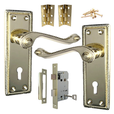 Georgian Roped Door Handle Brass, Lock Door Handles Lever Lock Set ...