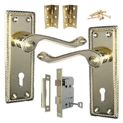 Georgian Roped Door Handle Brass, Lock Door Handles Lever Lock Set Hinges Pack