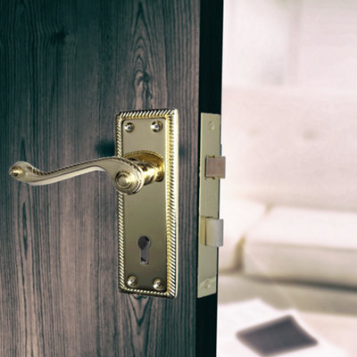 Georgian Roped Door Handle Brass, Lock Door Handles Lever Lock Set ...