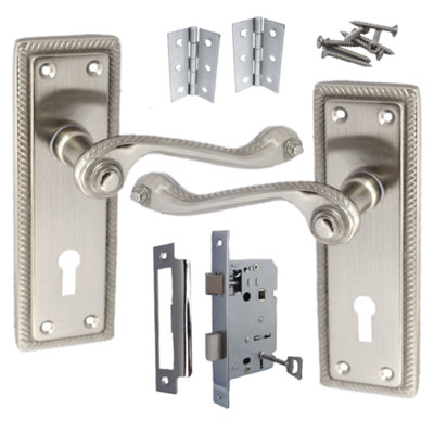 Georgian Roped Door Handle Satin, Lock Door Handles Lever Lock Set Hinges Pack