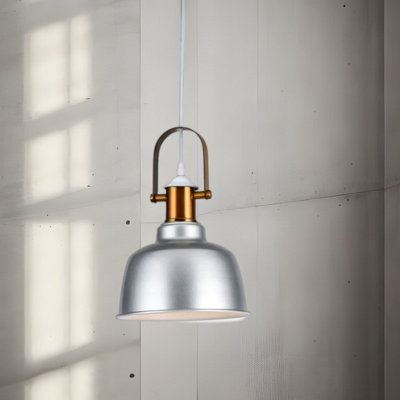 GEORGIE- CGC Industrial Metal Pendant Kitchen Island Light Silver & White inner with Brass Fitting