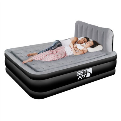 Get Fit Air Bed With Built In Electric Pump - Double Blow Up Airbed & 2 Inflatable Pillows - Elevated Air Mattress - Black/Grey