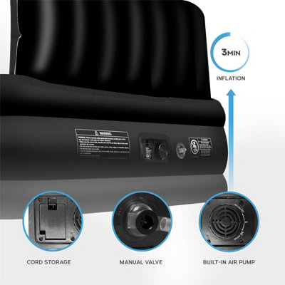 Get Fit Air Bed With Built In Electric Pump - Double Blow Up Airbed & 2 Inflatable Pillows - Elevated Air Mattress - Black Mono