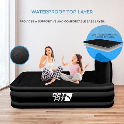 Get Fit Air Bed With Built In Electric Pump - Double Blow Up Airbed & 2 Inflatable Pillows - Elevated Air Mattress - Black Mono