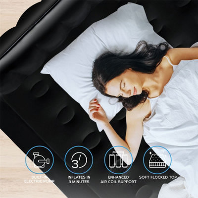 Get Fit Air Bed With Built In Electric Pump - Double Blow Up Airbed & 2 Inflatable Pillows - Elevated Air Mattress - Black Mono