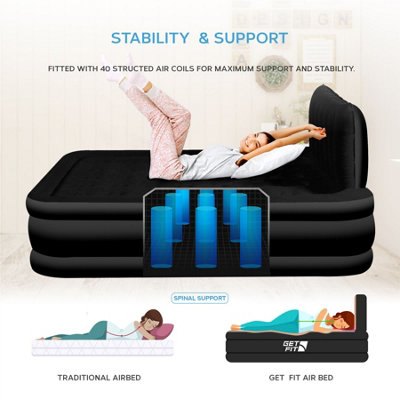 Get Fit Air Bed With Built In Electric Pump - Double Blow Up Airbed & 2 Inflatable Pillows - Elevated Air Mattress - Black Mono