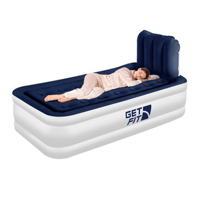 Get Fit Air Bed With Built In Electric Pump - Single Quick Blow Up Airbed & Inflatable Pillow - Elevated Air Mattress - White/Navy