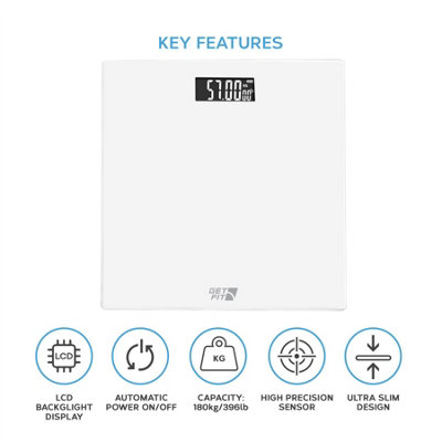 Get Fit Bathroom Scales - Digital Weighing Scale, Strain Gauge Sensor, LCD Display - Room Temperature & Battery Indicator - White