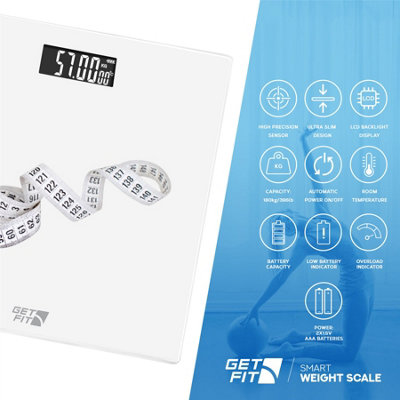Get Fit Bathroom Scales - Digital Weighing Scale, Strain Gauge Sensor, LCD Display - Room Temperature & Battery Indicator - White