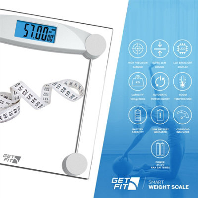 Get Fit Bathroom Scales - Digital Weighing Scale, Strain Gauge Sensor, LCD Display - Room Temperature Indicator - Transparent