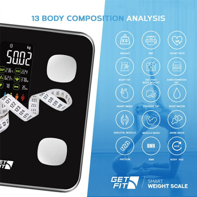 Get Fit Smart Body Fat Bathroom Scales - Digital Weighing Scales - 15 Body Composition Monitor, BIA Technology - App Compatible