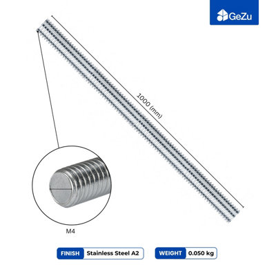 GeZu Impex M4 Threaded Rod 1000 mm A2 Stainless set of 4 Fully Threaded ...