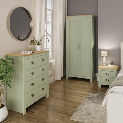 GFW Lancaster 3 Piece Bedroom Set - Wardrobe Chest of Drawers Bedside - Sage Green