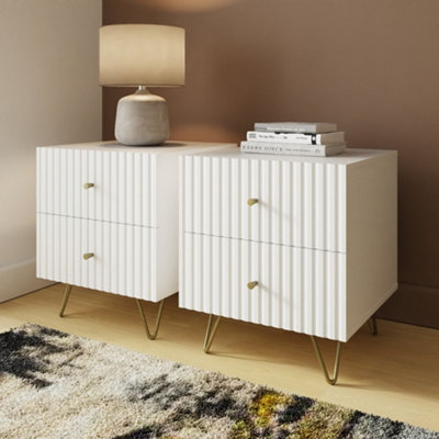 GFW Thalia Ribbed 2 Drawer Bedside Table Pair White