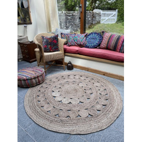 GHERANA Circle Rug in Flat Weave Round Design - Jute - L120 x W120