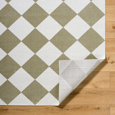 GHISLAINE Machine Washable Modern Boho Diamond Dusty Sage Area Rug 160 x 213 cm