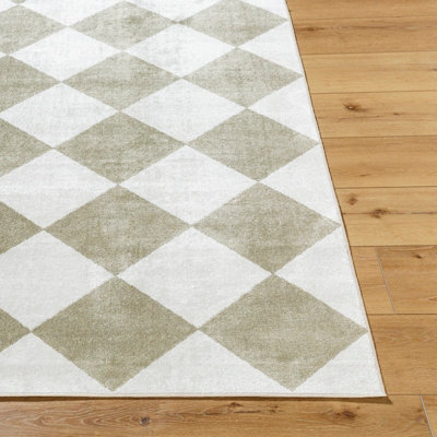 GHISLAINE Machine Washable Modern Boho Diamond Dusty Sage Area Rug 160 x 213 cm
