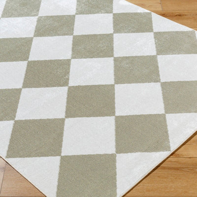 GHISLAINE Machine Washable Modern Boho Diamond Dusty Sage Area Rug 160 x 213 cm