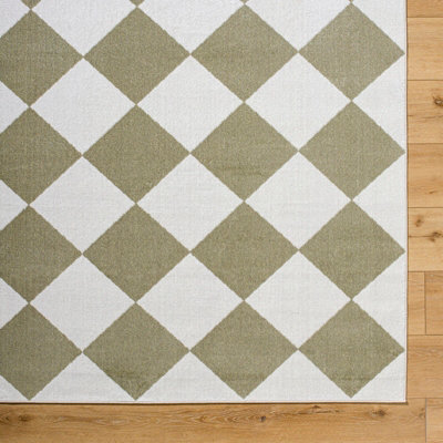 GHISLAINE Machine Washable Modern Boho Diamond Dusty Sage Area Rug 160 x 213 cm