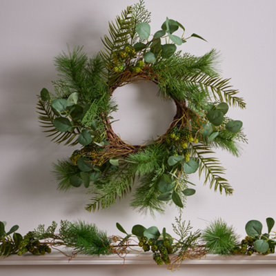 Giant Eucalyptus Xmas Door Decoration Winter Autumn Wreath, Christmas Wreath 50cm with Garland 1.8m