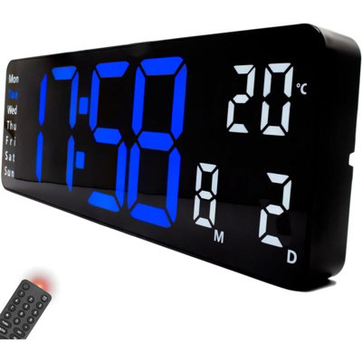 Giant LED digital wall clock with temperature display illuminated blue ...