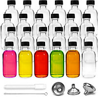 Ginger Glass Shot Bottles Mini Set of 24 with Pouring Funnel, 48 Mini Round Stickers and Chalk Pen for Labelling