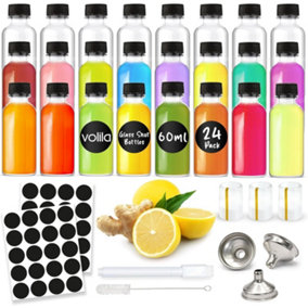 Ginger Glass Shot Bottles Mini Set of 24 with Pouring Funnel, 48 Mini Round Stickers and Chalk Pen for Labelling