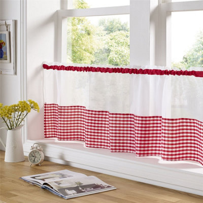 Gingham Checked Kitchen Voile Curtain Café Panels DIY at B&Q